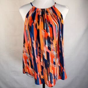Lush Ladies Halter M Multi Blue Orange Flowy Geometric Pattern